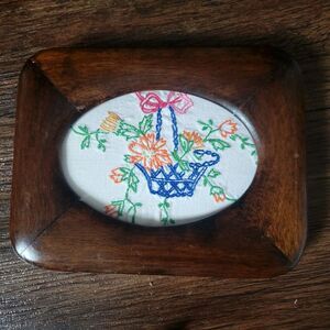 Vintage Small Oval Flowers In Basket Embroidery Linen in solid wood frame